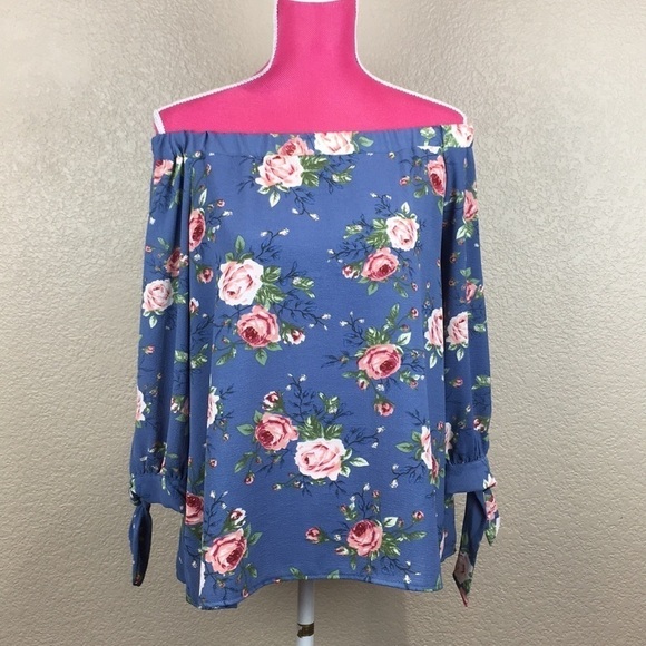 RB Couture Blue Floral Off-The-Shoulder Blouse Top - Picture 1 of 7
